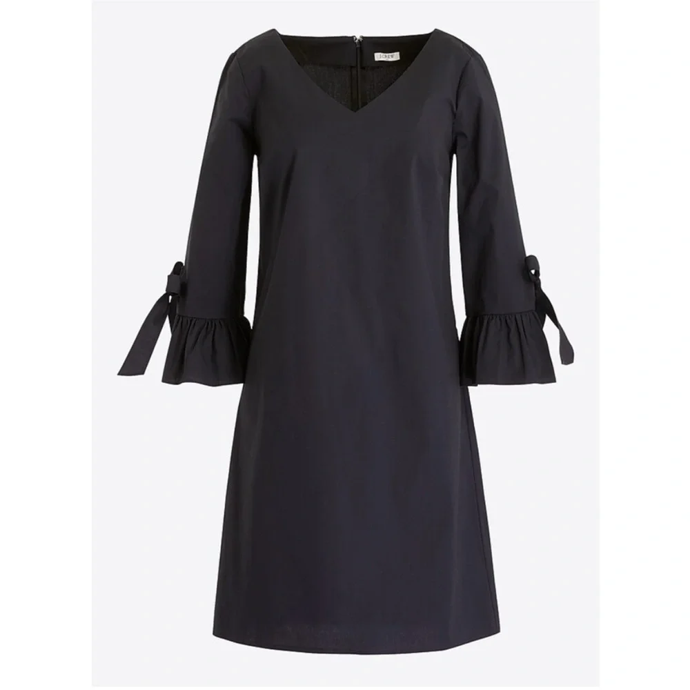 J. Crew Factory black ruffle bell sleeve w tie v-neck shift dress back zip